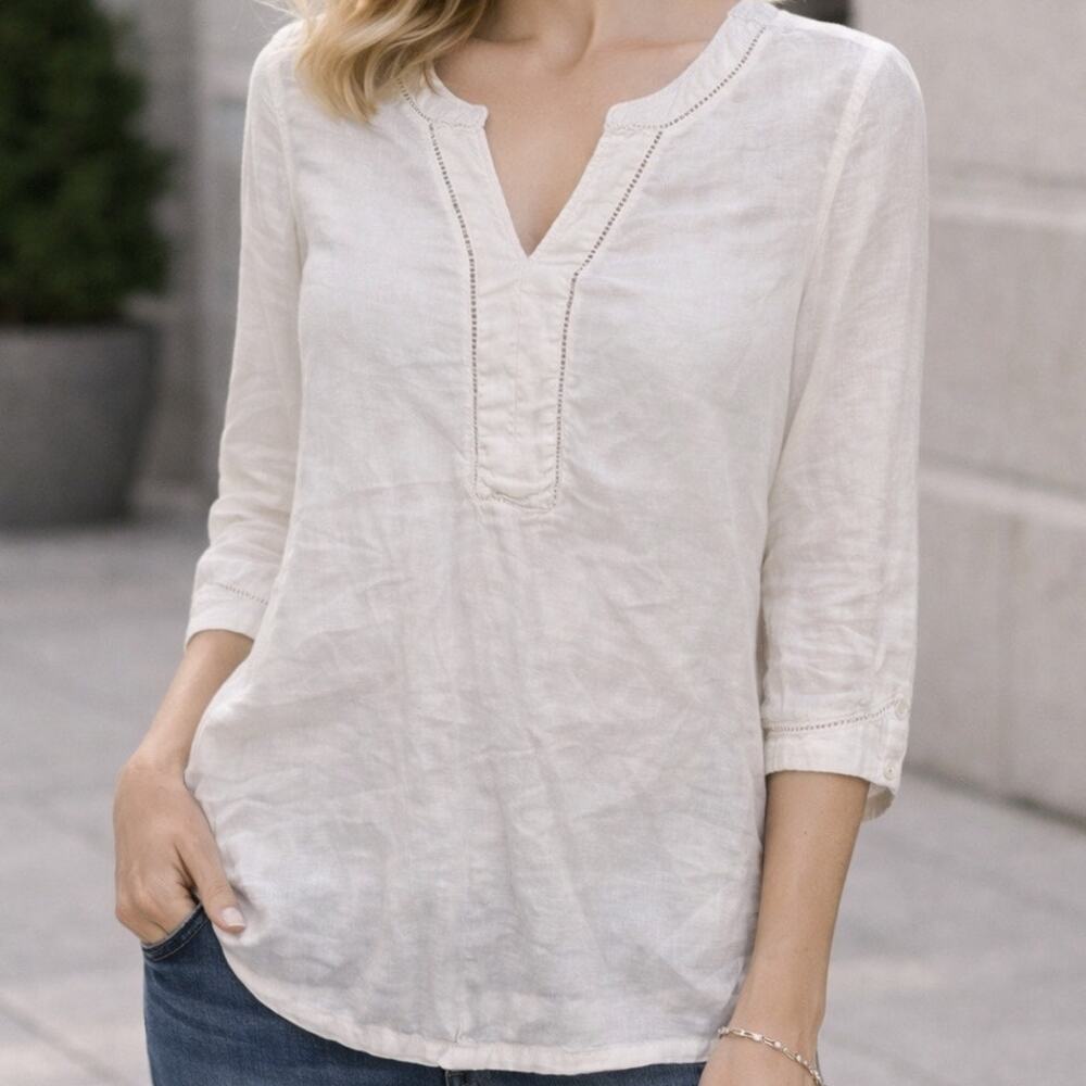 Joie Linen Blouse Small White Split Neck 3/4 Sleeve Lightweight Casual Minimal
